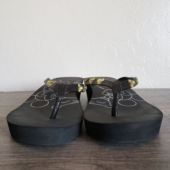 Disney Mickey Mouse Gem Flip Flop Wedge Sandals Black Sz Women's 10 Faux Leather - Picture 2 of 10